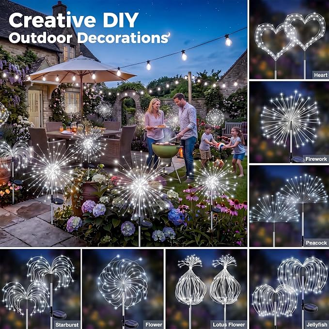 btfarm 1 Pack Solar Garden Lights Outdoor, 8 Modes Firework Lights Solar Powered, Waterproof Twinkle Fairy Light Outside for Yard Patio Pathway Pool Christmas Party Decorative, Cool White