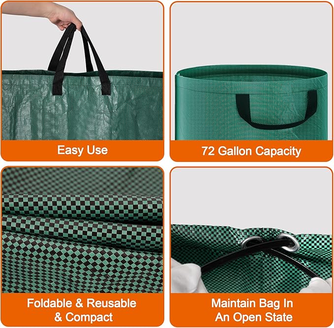 Kendo 72 Gallon Reusable Yard Bags, Heavy Duty 3 PCS Garden Leaf Bags with 4 Reinforced Handles for Fall Leaf Cleanup Grass Clippings Camping Trash