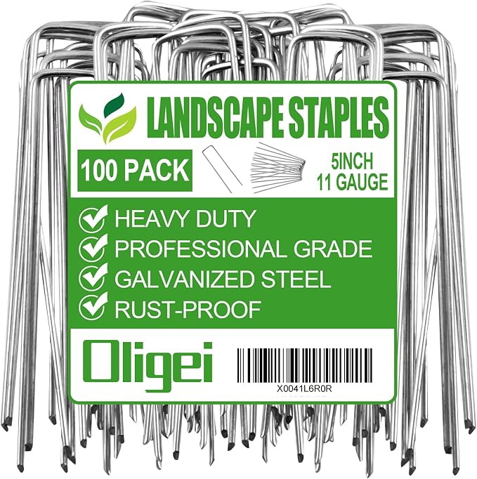 Oligei 100 Pack Garden Stakes, U-Shaped Tent Stakes, Galvanized Landscape Staples, Ground Stakes, for Landscaping Securing Weed Barrier Fabric, Irrigation Tubing, Holding Fence, Tarpaulin