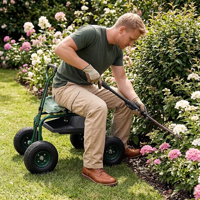 BDL Garden Cart Outdoor Rolling Garden Workseat with Wheels, Heavy Duty Garden Tool Cart with Extendable Handle and Storage for Seniors Yard Gardening Work