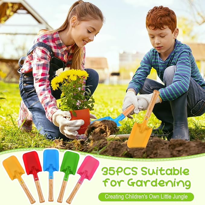 RoundFunny 70 Pcs Colorful Garden Shovels Small Beach Toy Shovels Metal Sand Trowel with Sturdy Wooden Handle, Soil Planting Mini Digging Tools, 5 Colors