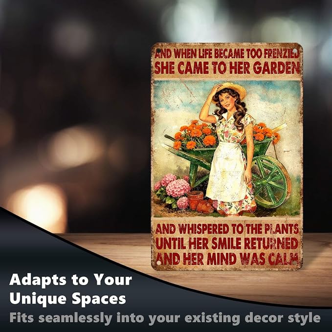 Vintage Gardening Tin Sign And When Life Became Too Frenzied She Came To Her Garden Retro Metal Sign Rustic Nostalgic Wall Decor For Home Garden Plaque Yard Patio Porch Cafe Bar 12 * 8 In