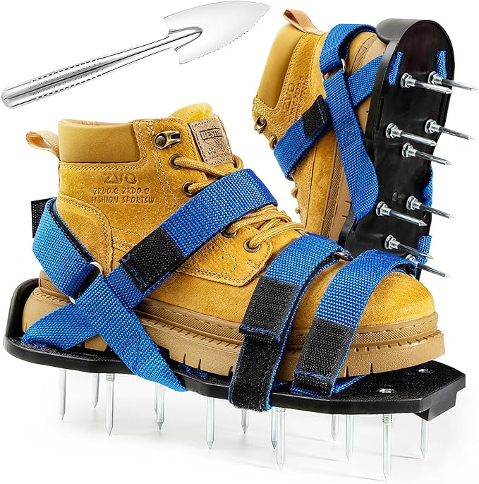 Lawn Aerator Shoes Pre-Assembled, Heavy Duty Lawn Spike Shoes with Adjustable Straps, Soil Aerating Tools for Yard Patio Garden, Includes Cleaning Shovel, Restores Lawn Health (Blue)