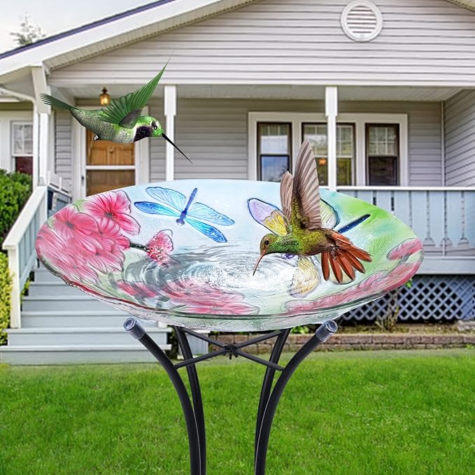 MUMTOP Bird Bath-Bird Baths for Outdoors - Dragonfly Large Bird Bath Bowl with Metal Stand, Glass BirdBaths for Garden Lawn Yard Decor