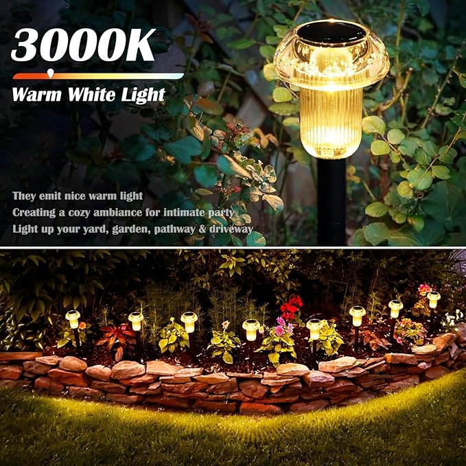 Priddop Solar Lights Outdoor Waterproof 8Pack 3000K Warm White LED Mushroom | Yard Pathway Garden Decorative Outside Landscape Path Lighting Patio Flowerbed Walkway Ground Pattern Acrylic Head ABS Stake