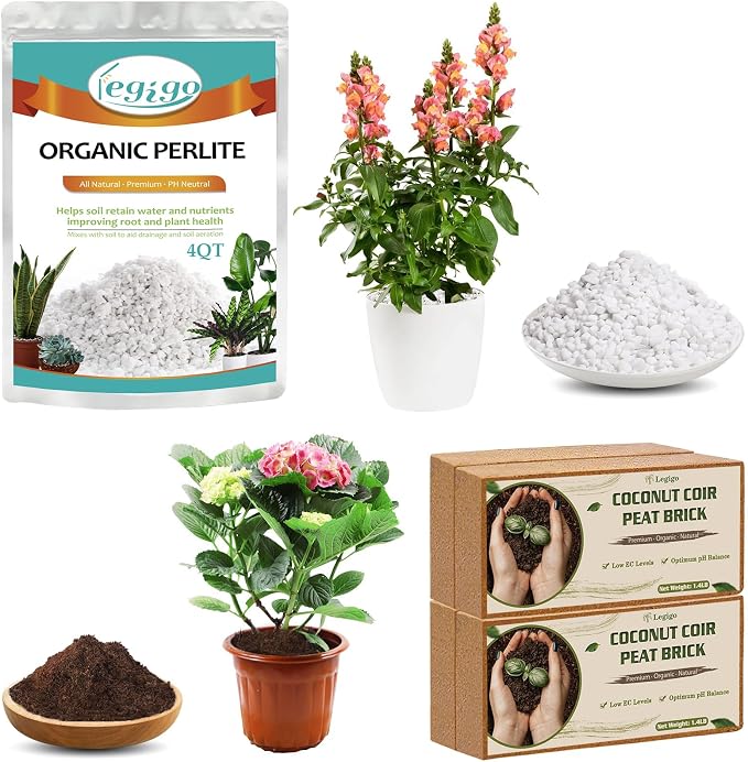 Legigo 4QT Horticultural Perlite for Plants & 4 Pack Organic Coco Coir Bricks, Gardening Soil Amendment Potting Mix for Indoor & Outdoor Plants
