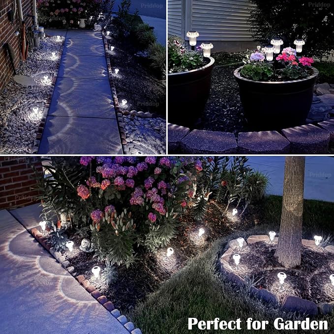 Priddop Solar Lights Outdoor Waterproof 8Pack 6000K Cold White LED Mushroom | Yard Pathway Garden Decorative Outside Landscape Path Lighting Patio Flowerbed Walkway Ground Pattern Acrylic Head ABS Stake