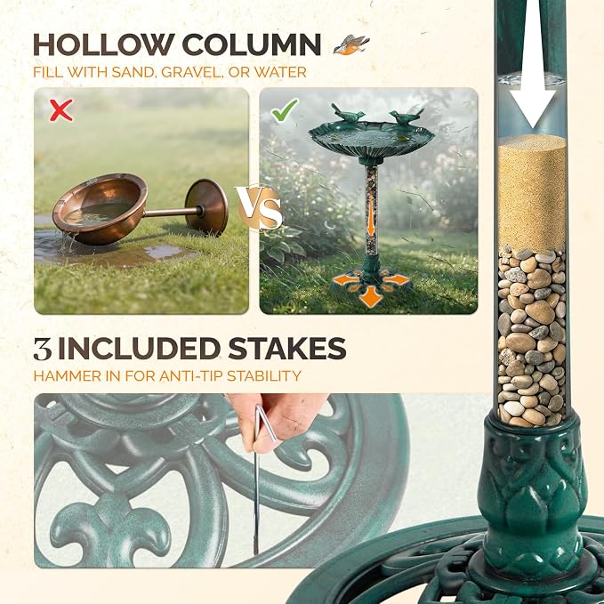 VINGLI Pedestal Bird Bath, Resin Birdbaths Weather Resistant Floral Accents and Vintage Finish Garden Decor for Outdoor Lightweight Courtyard (Green-Shell-Shaped with Solar Pump)