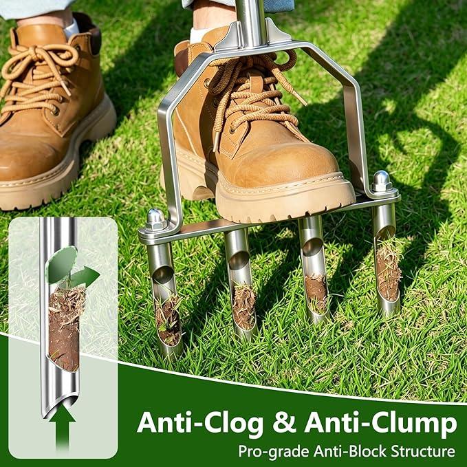 Stainless Steel Aerator Lawn Tool with 4 Heavy-Duty Hollow Tines,Anti-Clogging Core Aerator,Ergonomic Design Lawn Aerator,Semi-Assembled Lawn Aerator Tool for Lawn Garden Yard Patio
