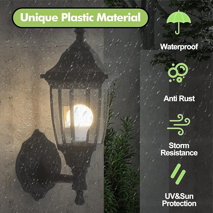 EMART Dusk to Dawn Plastic Outdoor Wall Light Fixtures with Bulbs, Waterproof and Anti-Corrosion Porch Sconces, Exterior Lanterns Wall Mount Lamp for Outside, Garage, Front Door, Patio, 2 Pack, Black