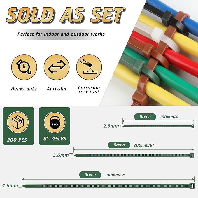 8 Inch PA66 Green Zip Ties 200 Pcs, 45 Lbs Tensile Strength Plastic Wire Ties with 3.6mm Wide, Premium Self-locking Nylon Cable Ties Decoration Tie Wraps for Outdoor Indoor Gardening Grid Wall