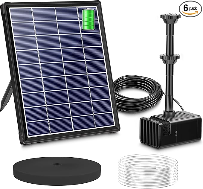 Biling 6.5W Solar Fountain for Bird Bath, DIY Solar Water Pump with 3000mAh Battery Backup Work All Day, 5ft Tubing 5 Nozzles for BirdBath, Small Pond, Fish Tank and Hydroponics