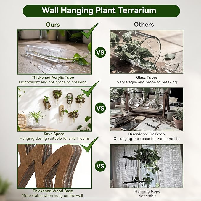 Artilady Plant Propagation Station 2 Pack Wall Hanging Plant Terrarium Holder with Test Tube Wood Window Planter Indoor Decor for Living Room Bedroom Kitchen (Lotus)