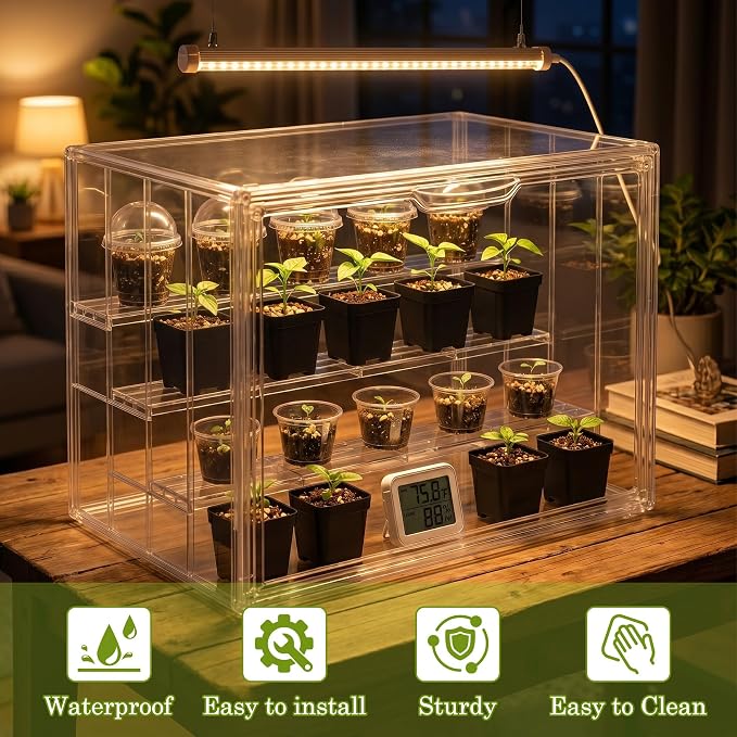 Klmnop Clear Mini Tabletop Greenhouse, Portable Small Indoor Greenhouse with Magnetic Waterproof Door for Seed Starting, Plant Warmth & Home Display, 14.2 x 8.7 x 10.6 Inch