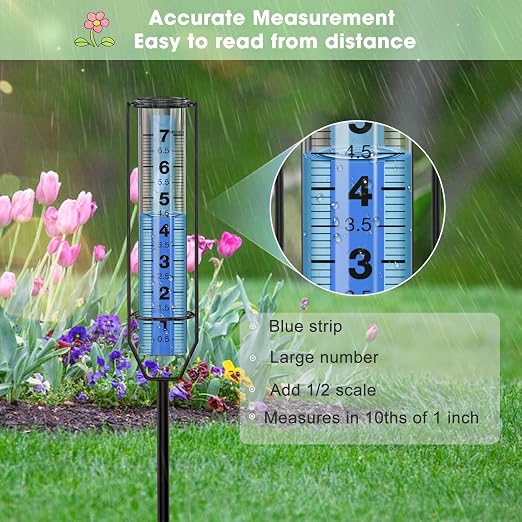 FINEST+ Upgraded Rain Gauge, 7" Freeze Proof Rain Gauge Outdoor Best Rated, Large Clear Numbers and Adjustable Height Rain Measuring Tool for Garden, Lawn and Farm