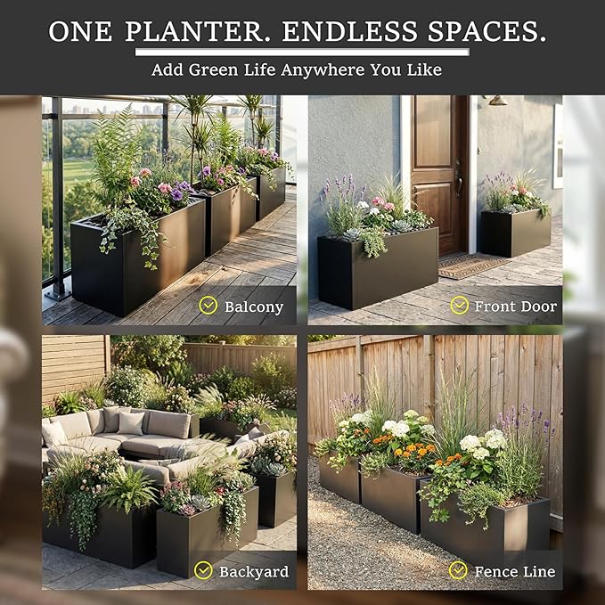 Rustproof Metal Planter Box 32 Inch Outdoor, Galvanized Steel Raised Garden Bed with Drainage Holes, Large Deep Rectangular Planter for Patio Balcony Porch Backyard