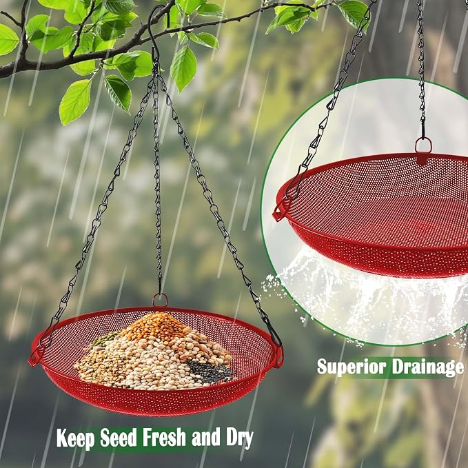 Hanging Platform Bird Feeder, 12 in, Red | Metal Mesh Seed Tray, For Wild Birds, Outdoor Use