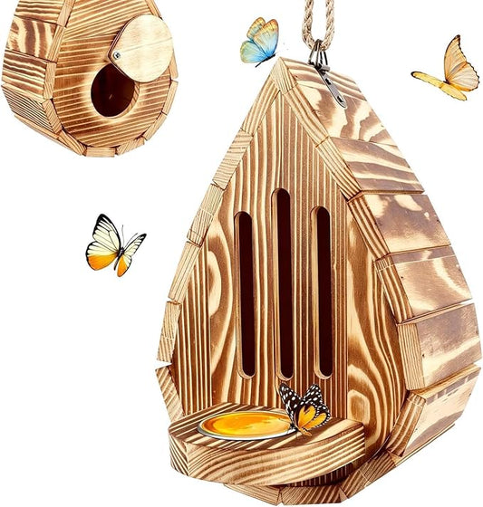 Teardrop-Shaped Wooden Butterfly Habitat & Feeder | Butterfly House and Feeder, Hangable Habitat Supports Breeding, for Backyard Balcony Yard Wedding Enthusiasts Gardeners Professionals Hobbyists