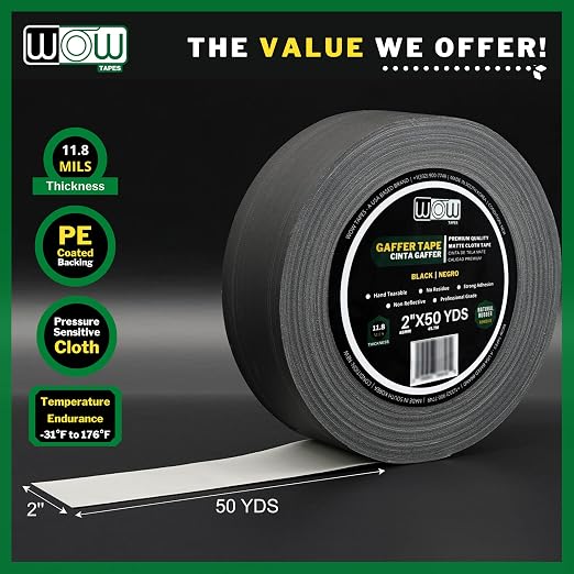 Wow Gaffers Tape 2 Inch Black - 50 Yards (Pack of 2), Residue Free, Non-Reflective & Heavy-Duty - Professional Grade Gaff Tape - Ideal for Photography Backdrop, Cables, Cords & Floor Taping