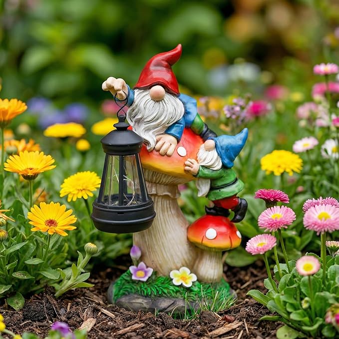 C&Y&G&X Solar Garden Gnome Statue, Waterproof Outdoor Mushroom Decor with Solar Lantern LED Lights, Resin Garden Gnome Yard Art for Lawn Patio Porch, Gifts for Mom Grandma Garden Lovers