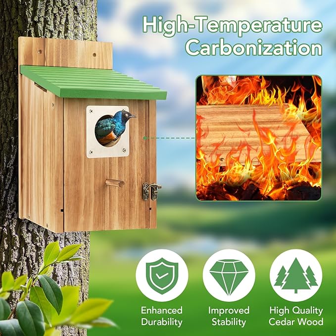 4 Pack Bird Houses for Outside - Cedar Bluebird Houses with Metal Predator Guard, Birdhouse for Wren Bluebirds Finches Swallows, Carbonized Wooden (Assembly Required)