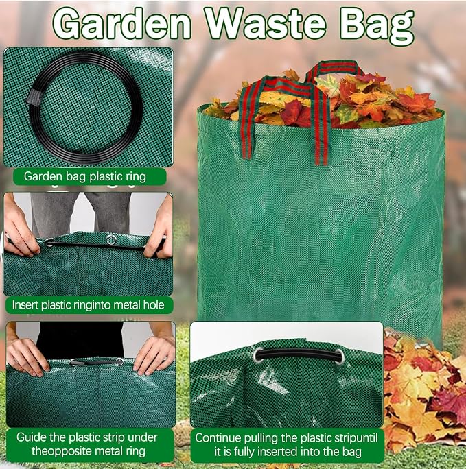 2 Pack Leaf Bags, 53 Gallon Reusable Yard Waste Bags, Heavy Duty Lawn bags Garden Bags for Leaves, Stand-Up Yard Waste Bin with Handles for Grass, Debris and Garbage