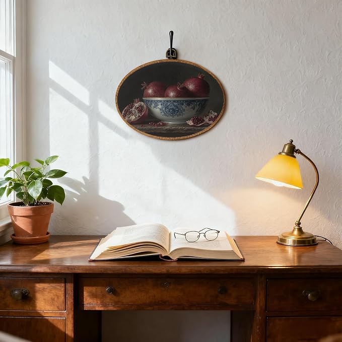 DOFQZ Vintage Moody Pomegranate Oval Wall Art Decor, Dark Cottagecore Fruit Red Garnet Framed Wall Art, Farmhouse Pomegranate Walls Hanging Decor for Kitchen Dining Room, 11.5x8.5 Inch