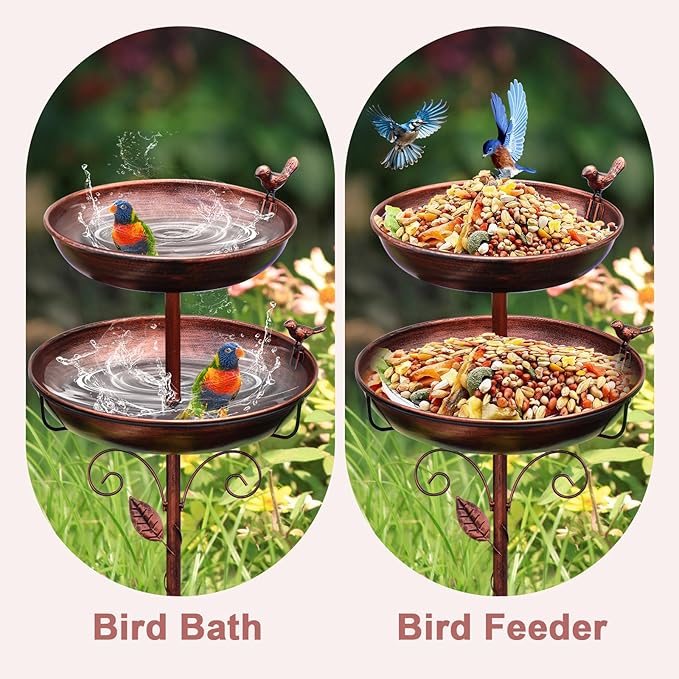 Bird Bath for Outside, 2-in-1 Birdfeeder and Bath, 42 Inch Tall Stand with Hummingbird, Large 12Inch & Small 7.9Inch BirdBaths Bowl, 3 Bird Decor for Garden, Antique Bronze