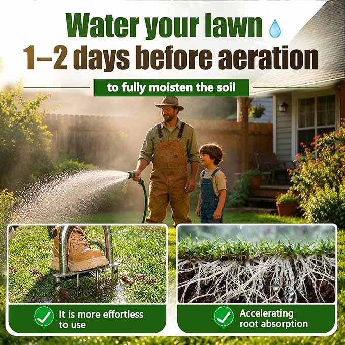 Manual Lawn Core Aerator Tool with 2 Hollow Tines & 2 Spikes, Adjustable Semi-Assembled Plug Aerator, Stainless Steel Grass Aerator for Lawn Care, Garden & Yard, Relieves Compacted Soil