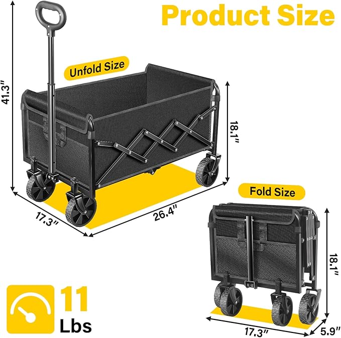 Wagons Carts Foldable, Collapsible Wagon Cart with Wheels, Portable Folding Utility Wagon with Adjustable Handle & Cup Holders for Grocery Shopping, Garden, Camping, Sports, Picnic & Small Hauls