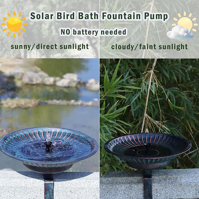 Solar Bird Bath,Deck Bird Bath with Solar Fountain,Metal Bird Bath Bubbler,Adjustable Sturdy Balcony Bird Bath,Patio Garden Decor
