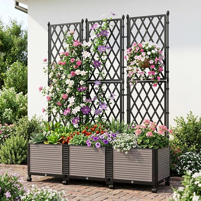 Raised Garden Bed Planter Box with Trellis, 63''H Tomato Planters for Climbing Plants Vegetable Vine Flowers Outdoor Patio Tomato Cage, Self Watering Planter with Wheels
