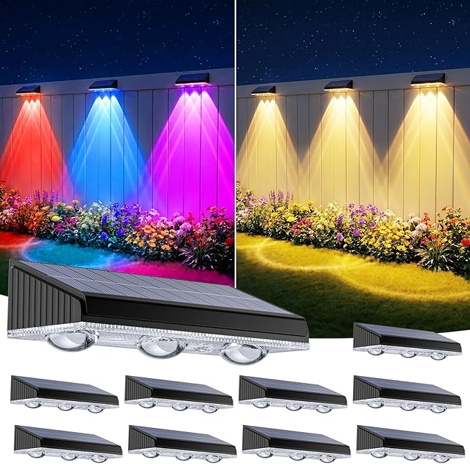 Solar Fence Lights Outdoor 10 Pack, Upgraded Brightness 3X LED Lens Fence Lights Solar Powered, 9 Fixed Colors & RGB Lights,IP65 Waterproof Solar Lights for Outside Backyard/Railing/Step/Patio