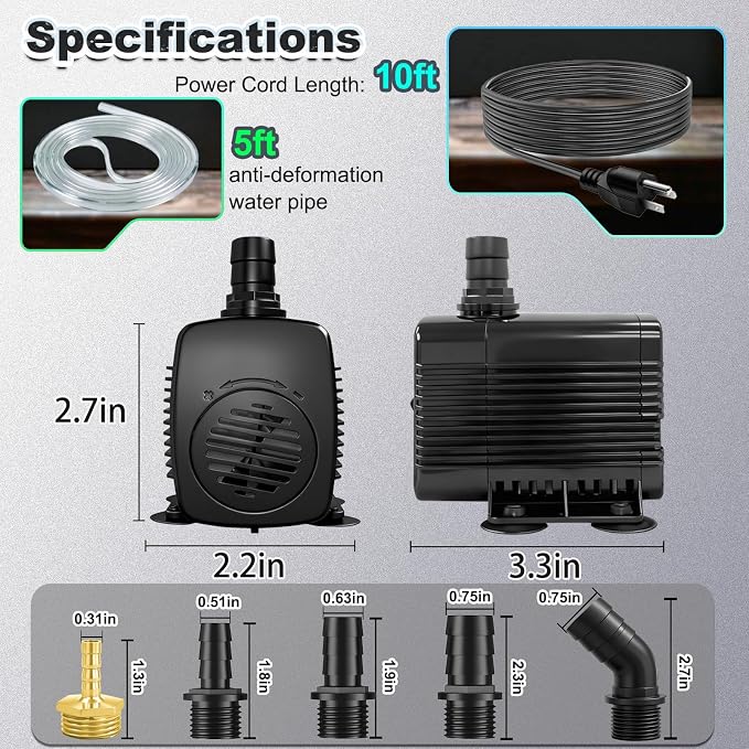 SongLong 25W 400GPH 10ft Cable Submersible Fountain Pump with Tubing |Overheat Protection | for Outdoor Garden, Pond & Hydroponic Installations