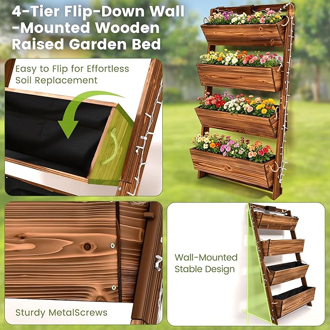 2026 Upgraded 4-Tier Wooden Vertical Raised Garden Bed with 11-Mode LED Lights and 3 Timer Settings, 51" H Wall-Leaning Tiered Planter Box with Tilt-Out Boxes, Liner & Drainage Holes for Patio