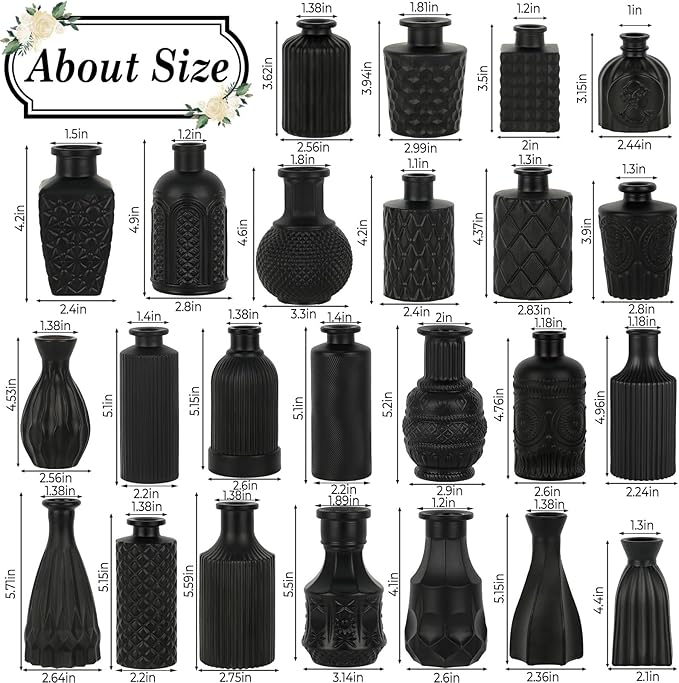 TBWIND 24PCS Black Glass Bud Vases Set, Small Vintage Flower Vases for Centerpieces, Mini Rustic Vases for Wedding Table Decor, Home, Shelves, Windowsills & Floral Arrangements