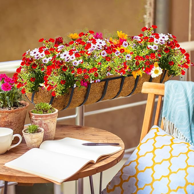 Tessco for you 4 Pieces Railing Planter Boxes, 36 Inches Window Box Planters with Coco Liner and Adjustable Brackets for Deck Porch Fence Patio Balcony Gardening Outdoor Plants