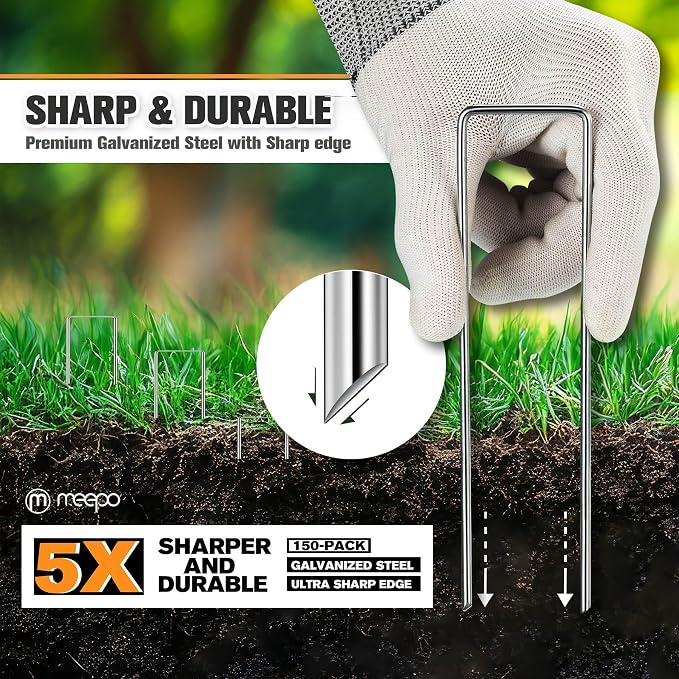 M MEEPO Garden Stakes, 150-Piece 6 Inch Never Rust Galvanized Landscape Staples, 5X Sharper Durable Stakes for Gardening, Tent, Weed Barrier, Outdoor Yard Decoration, Plant Cover