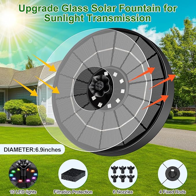 SEIRMEP Solar Fountain Pump with 3 Spray Height Adjustments, Upgraded Glass Solar Bird Bath Fountains with LED Lights,6 Nozzles,Outdoor Solar Water Fountain for Bird Bath, Garden, Pool, Pond (Black)