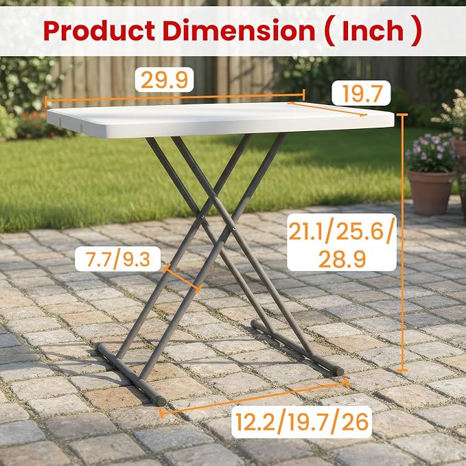 PayLessHere | 30 Inch Folding Table | Foldable Tray Table | Waterproof & Foldable Table Design | Small Desk Adjustable Height | White | for Events, Camping, Indoor & Outdoor Use