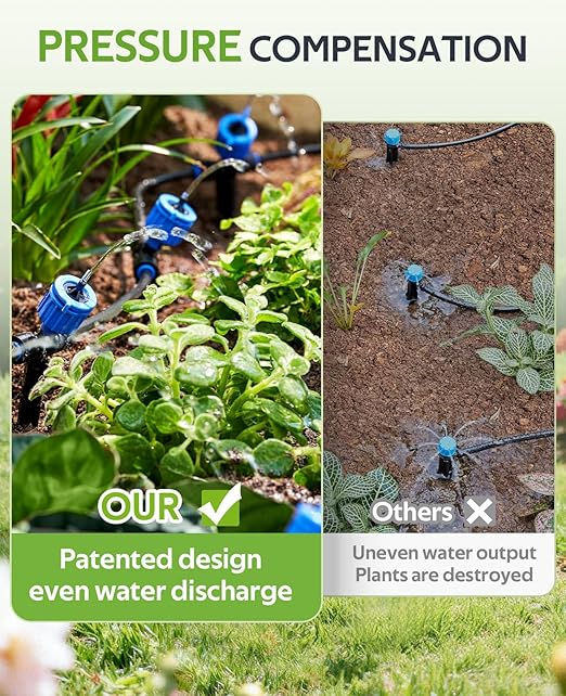 HIRALIY 50FT Drip Irrigation System with Timer, Pressure Compensated Watering Kit with 12 Adjustable Emitters, Quick Connect Garden Irrigation for Patio Pots, Raised Beds and Plants