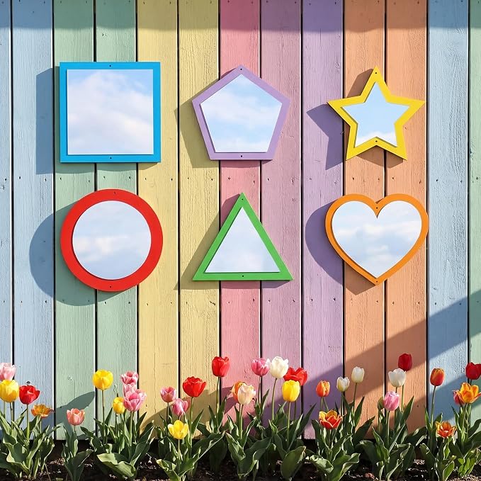 Xuhal 6 Pcs Acrylic Sensory Mirrors Set Colorful Geometric Mirror Square Triangle Circle Star Heart Pentagon Shapes Learning Tool Outdoor Sign for Sensory Rooms Garden Wall Decorations