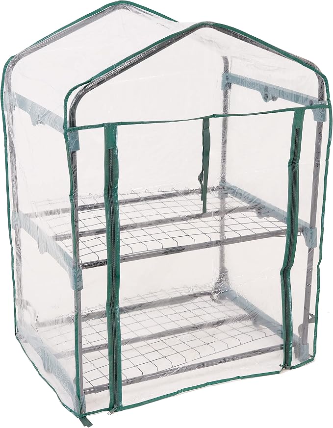 Sunnydaze Outdoor Portable 2-Tier Mini Greenhouse with Roll-up Zippered Door and Steel Wire Shelves - Clear