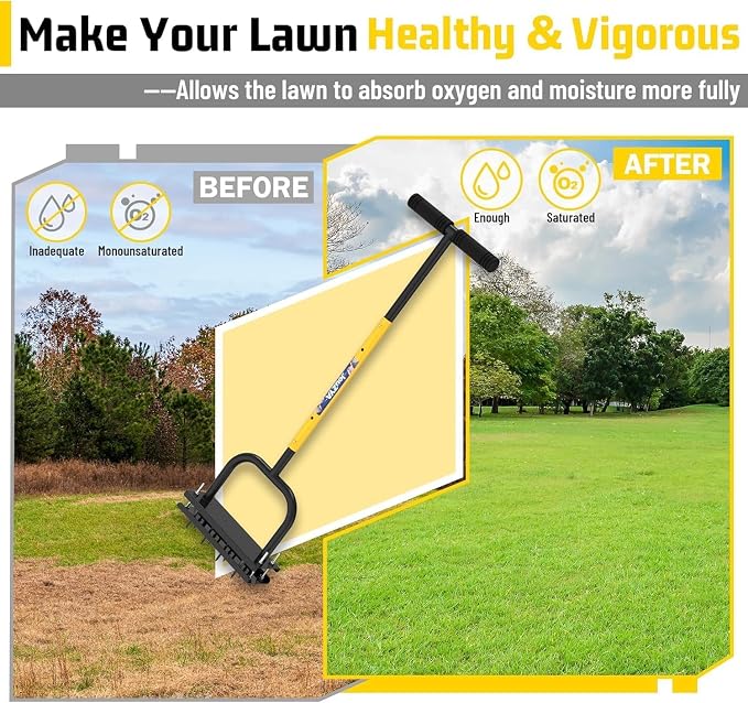 Lawn Aerator Tool, Core Aerator Lawn Tool with 12 Spikes, Automatic Dirt Clean with Spring-Loaded, Manual Grass Aerator Spike Lawn Coring Aerator for Yard Lawn Aeration Soil Loosening Garden Yellow