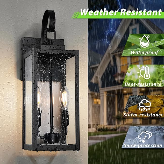 BesLowe 18" Outdoor Wall Light Fixture, 2-Light Large Exterior Lighting Fixture Wall Mount, Waterproof Porch Light Outdoor Wall Sconce Lantern, Outside Light for House Front Door Garage, Black