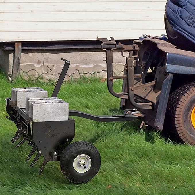 AUTOSAVER88 40" Tow Plug Lawn Aerator with Universal Hitch & Adjustable Handle for Lawn, Farm and Garden, Tow Behind Aerator with 24 Steel Tines & 10" Inflatable Wheels, Aerator Lawn Tool, Black