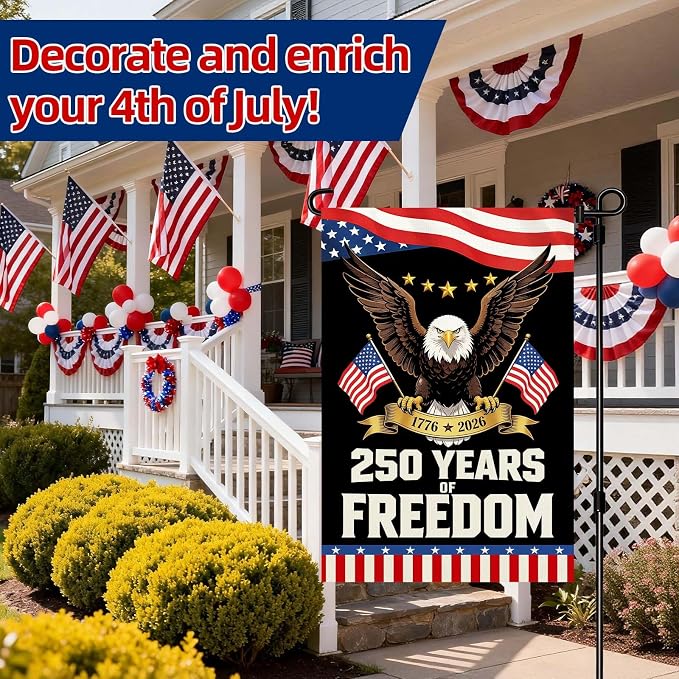 250 Anniversary USA Garden Flag, 12x18in Double Sided Waterproof Patriotic Eagle Flag 1776–2026, USA Outdoor Yard Decor