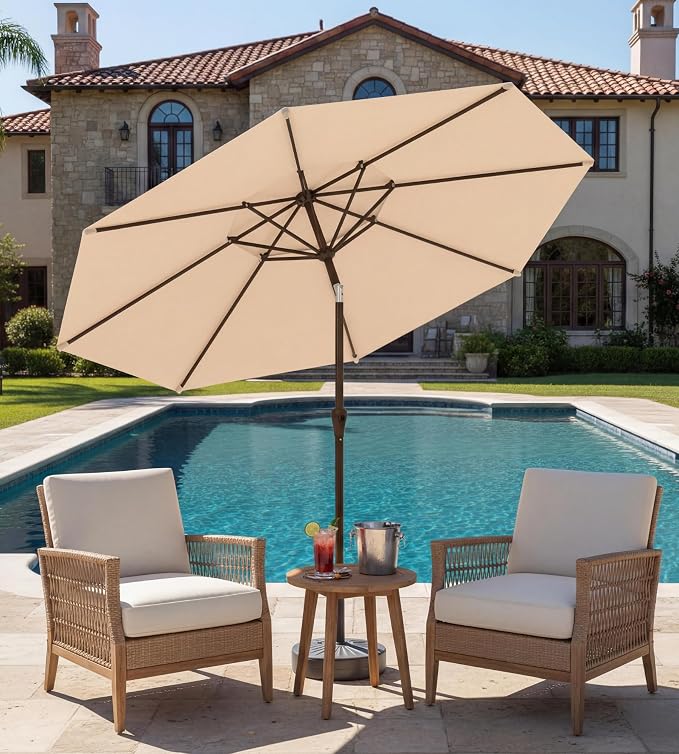 9FT Auto-Tilt Patio Umbrella|Outdoor Market Table Umbrella with 8 Fiberglass Ribs for Pool,Deck&Backyard