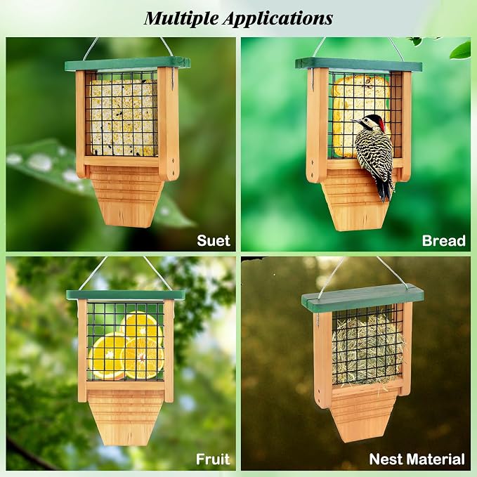 Gbekery Wooden Suet Bird Feeder for Outside Hanging, Woodpecker Suet Feeder with Tail Prop, Hanging Bird Feeder for Wild Birds, 1 Pack, Green