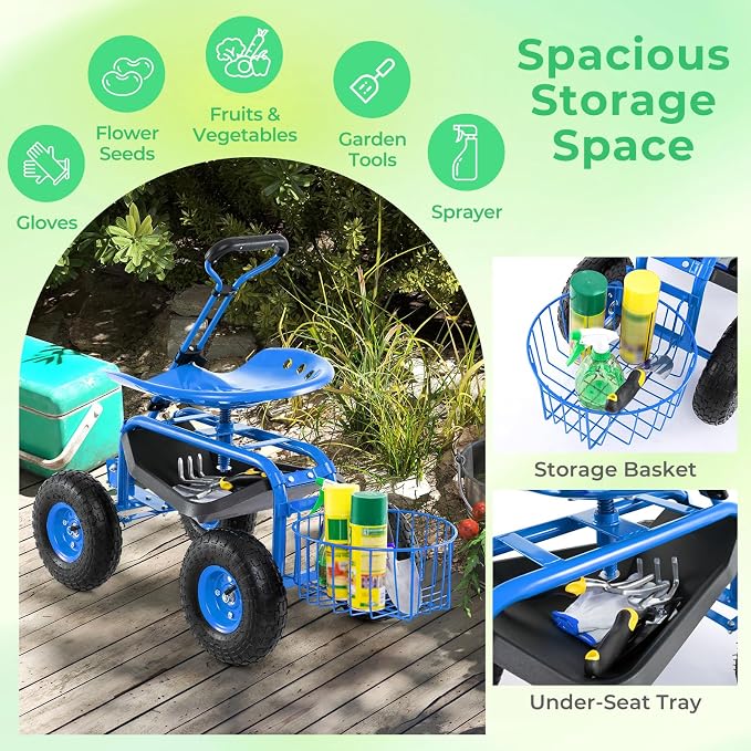 IRONMAX Garden Cart with Seat, Gardening Rolling Stool Scooter with 10’’ All-Terrain Wheels, Adjustable Steering Handle, Tool Tray and Basket, Outdoor Work Seat for Planting (Blue)